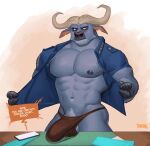  abs absurd_res anthro blue_body bovid bovine buffalo_(disambiguation) bulge cape_buffalo cellphone chief_bogo clothed clothing disney helbram hi_res horn looking_at_viewer male mammal muscular muscular_male navel nipples open_clothing open_shirt open_topwear pecs phone red_eyes shirt speech_bubble text_message topwear unamused underwear undressing zootopia 