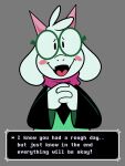 anthro blush blush_stickers boss_monster bovid caprine chrissietoons clothing darkner deltarune dialogue dot_eyes english_text eyewear fur glasses grey_background hair hands_together hi_res horn looking_at_viewer male mammal open_mouth pink_horn ralsei robe scarf simple_background sleeves smile solo talking_to_viewer text text_box undertale undertale_(series) video_games white_body white_fur white_hair 