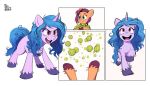  2021 ball behaving_like_a_dog better_version_at_source digital_media_(artwork) duo earth_pony equid equine erzhuxa excited female feral fetlocks fur hair happy hasbro hi_res hooves horn horse izzy_moonbow_(mlp) mammal mlp_g5 my_little_pony open_mouth open_smile pony purple_body raised_hoof simple_background smile sunny_starscout_(mlp) teeth tennis_ball tongue unicorn white_background 
