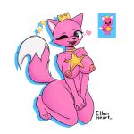  1:1 anthro canid canine crown etherheart female fox fur hi_res looking_at_viewer mammal multicolored_tail one_eye_closed pink_body pink_fur pinkfong_(character) simple_background solo star white_background wink 