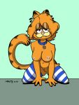  3:4 anthro anthrofied clothing crossgender domestic_cat ear_piercing ear_ring felid feline felis female garfield_(series) garfield_the_cat gothfield hi_res legwear looking_at_viewer mafty_(artist) mammal nipple_piercing nipples piercing simple_background solo stockings 