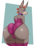  absurd_res anthro asinus big_butt butt cherryfox73 collar donkey equid equine hair hi_res huge_butt illie_(cherryfox73) looking_at_viewer looking_back male mammal orange_hair piercing purple_collar simple_background smile solo thick_thighs 