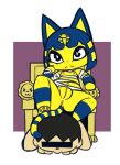  animal_crossing ankha_(animal_crossing) anthro anus censor_bar censored censored_face domestic_cat dominant dominant_female duo felid feline felis female flat_chested frown genitals hand_on_face human looking_at_viewer male male/female mammal mostly_nude nintendo pussy simple_background sitting submissive submissive_male video_games villager_(animal_crossing) vono wraps 