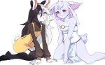  4_ears abigail alizee_(artist) animal_humanoid anthro black_hair blue_eyes drapes duo female female/female fluffy fluffy_tail hair head_tuft hi_res humanoid lagomorph lagomorph_humanoid leporid_humanoid long_hair mammal mammal_humanoid multi_ear navel purple_eyes rabbit_humanoid seraphie sirocco_zephyrine slightly_chubby slim smile teenager tuft white_hair young 