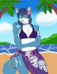  absurd_res anthro beach blue_body blue_ears blue_fur blue_hair blue_tail breasts canid canine clothing female fox fur hair hi_res krystal looking_at_viewer mammal nintendo palm_tree plant sarong seaside smile solo star_fox travis_mayer tree video_games water 