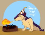  birthday_cake birthday_hat blitz_(gyro) breath_powers burned cake candle countershading dessert elemental_manipulation fan_character feral fire fire_breathing fire_manipulation food hi_res male markings mottled mottled_body nintendo paws pok&eacute;mon pok&eacute;mon_(species) purple_body quadruped quilava red_markings scruffasus solo tan_body video_games 