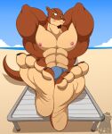  4_toes anthro beach claws clothed clothing countershade_feet countershading doritohead feet foot_focus hi_res looking_at_viewer lutrine male mammal muscular mustelid nipples parker_webb reclining seaside smile smirk soles solo toe_claws toes topless zp92 