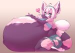  absurd_res anthro belly big_belly big_breasts breasts cleavage clothed clothing female fur hand_on_stomach hellbrain hi_res hyper hyper_belly hyper_pregnancy looking_at_viewer mammal navel pink_body pink_fur pregnant procyonid raccoon solo stretched_clothing torn_clothing 
