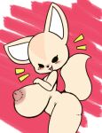  :3 aggressive_retsuko anthro big_breasts black_eyes breasts canid canine female fenneko fox hand_on_breast huge_breasts looking_at_viewer mammal nude open_mouth open_smile sanrio short_stack simple_background smile solo vono 