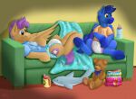  baby_bottle bedding blanket bulwark_(ailoy5) clothing diaper diaper_fetish duo equid equine fan_character feral furniture grinded_hooves hasbro hi_res horse infantilism male mammal my_little_pony pegasus plushie pony shark_plush shirt sippy_cup skaj snack sneer_(artist) sofa t-shirt teddy_bear topwear watching_tv white_diaper wings wittleskaj 