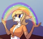  2021 anthro blue_eyes breasts cervid clothed clothing female hair julia_woods kanashiipanda mammal open_mouth open_smile orange_clothing orange_topwear rainbow smile solo teeth tongue topwear white_clothing white_topwear 