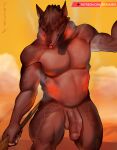  absurd_res anthro canary_islands canid canine canis domestic_dog fire foreskin franubis genitals guayota hi_res humanoid_genitalia humanoid_penis male mammal musclegut muscular muscular_male mythology penis red_body rock scales smile solo 