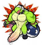  abs anthro armor big_penis bodily_fluids chain_chomp chomp_bro clothing collar drooling duo footwear genital_fluids genitals green_body grin hammer_bro hammer_brothers headgear helmet hexdisciple hi_res huge_penis humanoid_genitalia humanoid_penis hyper hyper_genitalia hyper_penis koopa male mario_bros muscular muscular_male nintendo pecs penis precum saliva scalie screencap screencap_background shoes smile spiked_collar spikes tongue video_games 