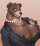  aeonspassed anthro areola areola_slip big_breasts breasts brown_body brown_fur cleavage clothed clothing eyewear female fur glasses green_eyes huge_breasts jewelry looking_at_viewer mammal mature_female necklace simple_background solo ursid 