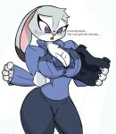  anthro armor big_breasts bodily_fluids body_armor breasts cleavage clothed clothing dialogue dipstick_tail disney ears_down female judy_hopps lagomorph leporid looking_down mammal markings pace-maker pivoted_ears purple_eyes rabbit simple_background solo sweat tail_markings thick_thighs wet wet_clothing white_background wide_hips zootopia 