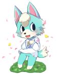  animal_crossing anthro black_eyes blossoms blue_body blue_ears blue_fur blue_tail blush bottomless canid canine canis clothed clothing dipstick_tail eyelashes fangs female fermata_suzuka fur looking_away mammal markings multicolored_body multicolored_fur nintendo open_mouth simple_background skye_(animal_crossing) solo tail_markings topwear video_games wolf 