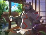  2021 4:3 anthro baw0sox beard belly black_body black_fur blush bulge canid canine clothing detailed_background facial_hair fur hi_res humanoid_hands kemono male mammal moobs nipples outside overweight overweight_male sake_bottle sitting solo underwear white_clothing white_underwear 