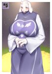  anthro big_breasts blush boss_monster bovid breasts caprine clothed clothing female fingers floppy_ears fur hi_res horn huge_breasts kemono kikunoya long_ears mammal mature_anthro mature_female open_mouth red_eyes robe slightly_chubby solo standing toriel undertale undertale_(series) video_games white_body white_fur 