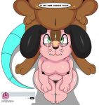  anthro breasts brown_body brown_fur canid canine canis cartoon_network courage_the_cowardly_dog courage_the_cowardly_dog_(character) crossgender devon_(kingbeast) dialogue domestic_dog duo female fur genitals kingbeast looking_up male male/female mammal mouse murid murine navel penis penis_on_face penis_on_head pink_body pink_fur rodent slightly_chubby thick_thighs 