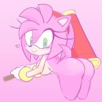  &lt;3 accessory amy_rose anthro big_breasts big_butt black_nose blush breasts bubble_butt butt clothing colored eulipotyphlan eyelashes female fur gloves green_eyes hair hammer handwear hedgehog legwear looking_at_viewer looking_back mammal nude pink_background pink_body pink_fur pink_hair pink_skin raised_tail sega short_hair side_boob side_view simple_background sirenslut solo sonic_the_hedgehog_(series) thick_thighs thigh_highs tools video_games weapon wrist_cuff 