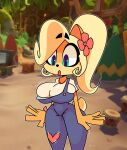  accessory activision anthro bandicoot big_breasts breast_squish breasts clothed clothing coco_bandicoot coveralls crash_bandicoot_(series) female flower flower_in_hair hair hair_accessory hi_res horaco huge_breasts mammal marsupial open_mouth plant ponytail solo squish video_games 