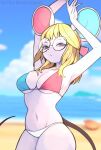  2021 5_fingers animal_crossing anthro arms_above_head beach bikini blonde_hair blurred_background breasts clothed clothing eyewear female fingers glasses grey_eyes hair hi_res looking_at_viewer mammal monchipon mouse murid murine nintendo petri_(animal_crossing) rodent seaside solo swimwear video_games 