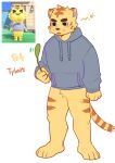  2021 animal_crossing anthro cheek_tuft clothing facial_tuft felid fur grey_clothing grey_hoodie grey_topwear hi_res holding_object hoodie kemono male mammal milkytiger1145 nintendo open_mouth pantherine simple_background solo striped_body striped_fur stripes tiger topwear tuft tybalt_(animal_crossing) video_games white_background yellow_body yellow_fur 