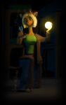  10:16 3d_(artwork) anthro bellbottoms blonde_hair clothed clothing dark digital_media_(artwork) female fully_clothed giraffe giraffid green_clothing green_eyes green_shirt green_topwear hair hi_res jacket magic_user mammal nivie_mielentuli shirt siakstuff solo topwear toy yellow_body 