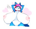  anthro big_breasts blue_body blue_eyes blue_fur blush breasts cactuscacti canid canine english_text female fox fur hair hands_behind_head huge_breasts hyper hyper_breasts mammal nipples pink_hair simple_background solo solo_focus text tufted_fur white_body white_fur 