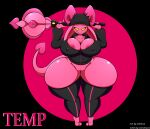  2018 2_toes 5_fingers areola areola_slip breasts clothing cornchip21 demon feet female fingers genitals hi_res holding_object hoodie horn imp kirbot12 legwear nipple_outline not_furry pink_body pink_horn pink_skin pussy solo temp_the_imp thick_thighs toes topwear wide_hips 