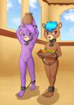  absurd_res anthro barefoot blue_hair blush breasts brown_body brown_eyes brown_fur chain collar disney duo feet female fiona_gummi_(fan_character) flat_chested food fur genitals gummi_bears hair hi_res holding_object mammal multicolored_body multicolored_fur navel nipples nude purple_body purple_fur pussy red_nose slave small_breasts standing the_dark_mangaka two_tone_body two_tone_fur ursid vase young 