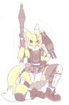  absurd_res ambiguous_gender ammunition anthro bandai_namco boots bottomwear bulletproof_vest camo camo_clothing camo_print clothing combat_boots diaper digimon digimon_(species) eye_patch eyewear footwear hardscales hi_res knee_pads looking_at_viewer pattern_clothing pouches pullups ranged_weapon renamon rocket_launcher skirt solo weapon white_diaper 