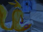  4:3 anthro back_boob bandai_namco bed bedroom breasts butt canid canine crossed_arms crossed_legs digimon digimon_(species) female furniture looking_at_viewer looking_back mammal nahadon night on_bed raised_tail renamon sitting sitting_on_bed solo 