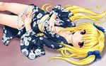  blonde_hair flat_chest fuji_shinobu highres japanese_clothes kimono konjiki_no_yami long_hair looking_at_viewer lying masturbation nipples open_clothes open_kimono panties panty_pull purple_eyes pussy solo to_love-ru uncensored underwear wallpaper 