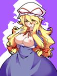  blonde_hair breast_hold breasts choker dress ekus_(xo_ekus) elbow_gloves gloves hair_ribbon hat large_breasts long_hair mob_cap purple_background purple_dress ribbon ribbon_choker slit_pupils solo touhou white_gloves yakumo_yukari yellow_eyes 