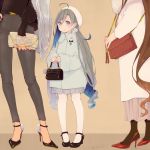  3girls ahoge alternate_costume bag beret black_footwear black_legwear brown_background brown_hair coat colis commentary_request full_body goat grey_coat grey_eyes grey_hair hair_between_eyes hair_bun handbag hat head_out_of_frame height_difference high_heels holding holding_bag kantai_collection kiyoshimo_(kantai_collection) long_hair long_sleeves looking_at_viewer low_twintails mary_janes multiple_girls musashi_(kantai_collection) nail_polish pants pantyhose pleated_skirt red_footwear shoes skirt solo_focus standing twintails white_hat white_legwear white_skirt yamato_(kantai_collection) 