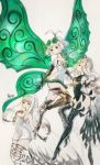  3girls aerie_(bravely_default) anne_(bravely_second) antenna_hair arms_behind_back bare_shoulders black_gloves black_legwear black_leotard boots bravely_default:_fairy&#039;s_effect bravely_default:_flying_fairy bravely_default_(series) bravely_second:_end_layer brown_eyes brown_legwear commentary_request dress elbow_gloves eyewear_on_head fairy fairy_wings glasses gloves green_eyes hand_on_own_chest high_heels highres ikusy leotard long_hair multiple_girls official_art pointy_ears rinne_(bravely_default) short_dress short_hair sketch strapless strapless_dress thigh_boots thigh_strap thighhighs white_dress white_hair wings 