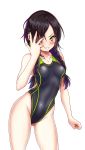  1girl absurdres aiuchi bangs black_hair black_swimsuit braid breasts collarbone commentary_request competition_swimsuit covered_navel cowboy_shot girls_frontline gluteal_fold green_eyes hand_over_eye highleg highleg_swimsuit highres long_hair looking_at_viewer low_twintails mac-10_(girls_frontline) one-piece_swimsuit parted_lips small_breasts solo standing swept_bangs swimsuit twin_braids twintails 