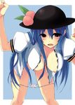  artist_request bent_over blue_hair blush breasts hat hinanawi_tenshi large_breasts long_hair nipples open_clothes open_shirt panties pussy_juice saliva shirt solo sweat tears touhou underwear 