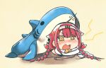  1girl ahoge bangs blush braid chibi commentary_request eyebrows_visible_through_hair hair_between_eyes hair_flaps hairband kantai_collection kawakaze_(kantai_collection) koppa_mijinko_(series2023) long_hair looking_at_viewer low_twintails open_mouth ribbon scarf shark shark_costume simple_background solo tearing_up tears twintails yellow_eyes 