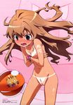  aisaka_taiga ball beachball blush bracelet brown_hair clitoris covering covering_breasts crossed_arms embarrassed flat_chest highres jewelry leaning_forward long_hair nude nude_filter open_mouth pink_eyes pubic_hair pussy solo surprised tan tanaka_masayoshi tanline third-party_edit tiger toradora! uncensored zoom_layer 