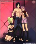  2girls breasts deviantart_username dkstudios05 haruno_sakura kneeling medium_breasts multiple_girls naruto naruto_(series) naruto_shippuuden uchiha_sasuke watermark web_address yamanaka_ino 