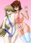  2girls alexis_rhodes belly_button black_eyes blonde_hair bracelet breasts brown_eyes brown_hair fingerless_gloves gloves huge_breasts jewelry mazaki_anzu multiple_girls navel sling_bikini swimsuit tenjouin_asuka thighhighs yu-gi-oh! yugioh_duel_monsters yuu-gi-ou yuu-gi-ou_duel_monsters yuu-gi-ou_gx 