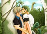  2boys blonde_hair blush bottomless dinosaur earrings green_hair incipient_kiss jewelry male male_focus multiple_boys one_piece open_clothes open_shirt outdoors roronoa_zoro sanji shirt sweat yaoi zosan 