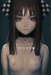  android arms_at_sides blue_background breasts brown_hair checkered choker closed_mouth collarbone english hair_ornament headdress highres leather lips long_hair looking_at_viewer murata_renji nipples robot_(manga) scan small_breasts smile solo straight_hair topless upper_body yellow_eyes 