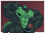  2021 abs anthro areola big_areola big_bulge big_muscles black_body black_clothing black_nipples black_underwear bluekumabox bulge canid canine clothing countershading flexing fox green_body green_countershading huge_bulge huge_muscles hyper hyper_muscles hyper_pecs jewelry looking_at_viewer male mammal muscular muscular_anthro muscular_arms muscular_male muscular_thighs necklace nipples pecs red_background simple_background solo underwear 
