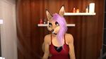  16:9 2021 3d_(artwork) anthro black_nose blender_(software) blue_eyes canid canine clothing digital_media_(artwork) door eyebrows female fox fur hair hi_res impreza inner_ear_fluff inside looking_at_viewer mammal mirror mirror_reflection pink_hair red_clothing reflection shelf shirt solo tan_body tan_fur tank_top tile tile_wall topwear tridognait tuft wall_(structure) widescreen wood_wall 