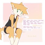  2021 anthro artist_name bottomwear clothed clothing dialogue domestic_cat english_text felid feline felis fully_clothed fur green_eyes hi_res mammal open_mouth open_smile rolo_(rolo_stuff) rolo_stuff shirt shorts smile solo speech_bubble tank_top text topwear yellow_body yellow_fur 