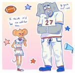  2021 american_football anthro ball biped blush bottomwear brown_body cheerleader_outfit clothed clothing crossdressing duo elephant elephantid english_text grey_body humanoid_hands male mammal mouse murid murine pants proboscidean rodent shirt sport sportswear text thiingamajiig topwear 