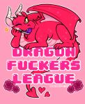  &lt;3 ball_gag cuteosphere dragon english_text fangs female feral flower gag horn looking_at_viewer lying on_front one_eye_closed pink_background plant pupils red_body red_scales rose_(flower) scales simple_background slit_pupils solo spade_tail text wink 